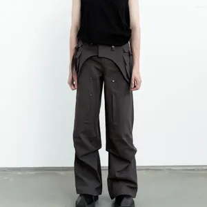 Erkekler Pantolon Tasarım niş plaket yapısı pileli gevşek geniş bacak gri tulum düz gündelik pantolon teknoloji tarzı