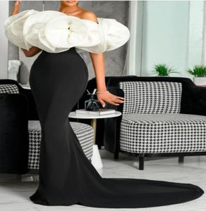 2021 Fashion Design Sheath Black Long Evening Dresses Sweep Train Bateau White Flowers Piping Natural Waistline Special Occasion D9950658