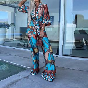 Women's Two Piece Pants Fashion Casual Bohemia Print Loose Beach Set Spring Wide Leg Long Pants Suits Autumn Women Quarter-Slved Cardigan Shirt Outfit 1 T240415