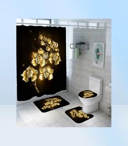 Shiny Blue Golden Rose Waterproof Shower Curtain Set Toilet Cover Mat Nonslip Bath Rugs Bathroom Valentine039s Day Christmas De9369224