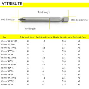 10Pcs 65mm Magnetic Slotted Screwdriver Bit S2 Steel 1/4 Hex Shank 65mm Made Of High-strength S2 Alloy Steel PH0/PH1/PH2