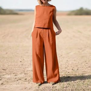 Summer Loose ONeck Top Wide Leg Pants Two Piece Sets Elegant Pullover Long Suit Women Harajuku Style Cotton Linen Outfits 240410