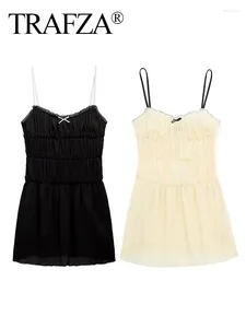 Casual Dresses Trafza Summer Women Sweet Ruffled Textured Dress Woman Elegant Bow Decoration Sleeveless Backless Slip Mini Mujer