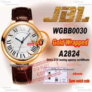 WGBB0030 A2824オートマチックメンズウォッチJBLF 42mmラップ18KローズゴールドケースシルバーローマダイヤルブラウンクロックストラップスーパーエディションETA reloj HOMBRE WATHES PURETIME PTCAR