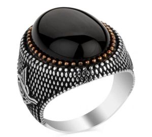 Handgjorda turkiska smycken vintage obsidian ringar för män kvinnor forntida silver färg svart zirkon guldfärg pärlor muslim 6020252