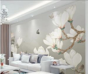 壁紙壁画3D壁紙手描きの中国のマグノリアの花の生活スタイルの家の飾り