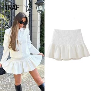 Traf Womens kjol kort vår mini vit hög midja ljus effekt koreanska stil kjolar casual shorts 240407