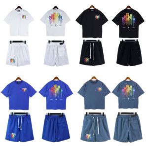 Amiries 24 Summer New Classic Letter Embroidered Tassel Drawstring Casual Loose Sports Shorts Short Sleeve T-shirt Set