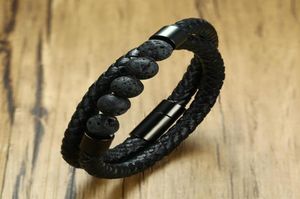 Black Braided Microfiber Leather Charm Bracelet Natural Lava Stone Beaded Bracelet Men Health Magnet Buckle Jewelry74412424391953