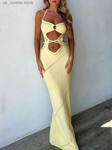 Basic Casual Dresses 2024 New Dress Women Elegant Sexy Knitted Vestido Cut Out Backless Halte Tie-Up Long Maxi Dresses Summer Vacation Party Clubwear T240412