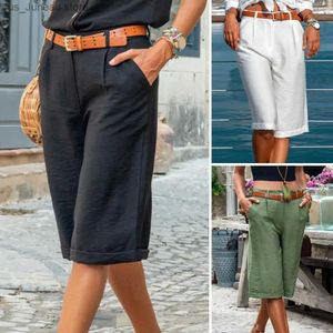 Frauen Shorts KN-Länge Shorts Mid-Rise-Taschen gerade Wide Leg Women Shorts Solid Color Womens Shorts Weibliche Hosen T240412