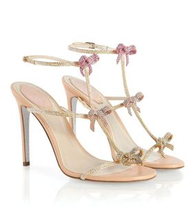 Perfect Summer Jeweled Sandals Shoes Caterina Lady Bow Crystal Strappy Sandalias Comfort Walking Elegant Women Party Wedding Dress EU35-42 Box New