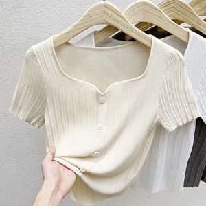 Women's T Shirts 2024 Summer Fashion V-Neck kortärmad t-shirt Kvinnlig is Silk Top Tees Loose Solid Color V10