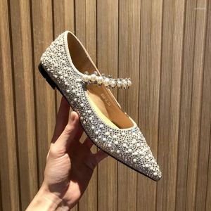 Casual Shoes 2024 Spring Summer Pearl Beads Flat Woman Crystal Band Mary Janes Pointy Glitter Ballet Flats Bröllop för kvinnor