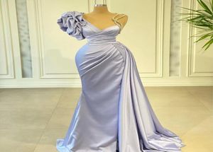 New Designer Lavender Mermaid Prom Dresses Ruffles V Neck Satin Puffy Flowers Shoulder Beadings Satin Long Formal Evening Dress Go7000377