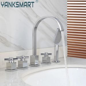 Banyo Lavabo muslukları Yanksmart lüks krom cilalı 5 adet küvet musluk havzası güverte monte şelale mikseri su musluk seti