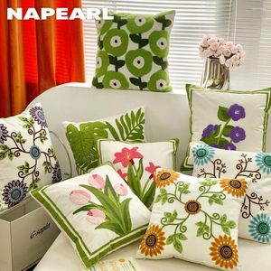 Pillow NAPEARL Flower Fabric With Sunflower Embroidery Style Green Cover Sofa Home Decor 45x45cm 1PC