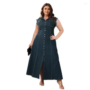 Abiti casual Plus size Donne Denim Denim Summer Fahsion Sleeveless Abbassa il collare abbottoni Cardigan Long Vintage Roeb Femme Elegant