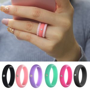 Finger Rings Band Rubber Rings 5mm Women Flexible Wedding Sports Rhinestone Rings Silicone Ring Hypoallergenic Size 4-9