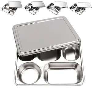 Tallrikar 304 Rostfritt stål Dividerad middag Tray Lunch Container Plate för skolkantin 3/5/4 Avsnitt Bento Tabellämne
