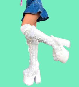 女性用ブーツギギフォックスブラックプラットフォーム分厚いハイヒール冬の秋の膝ハイブーツ女性フェイクZI8684978