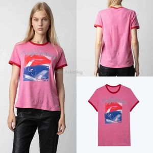 24SS Ny modetrend T-shirt Zadig Voltaire Niche Designer Classic Style Tee Pink Ink Digital Print Enkelt mångsidig kvinnor Bomulls Kort ärm T-shirt Polos