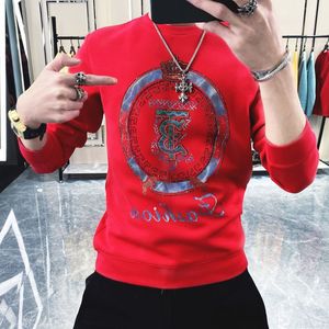 Men's round neck hoodie heavy industry hot stamping diamond pullover top Chinese cotton bottom casual coat long sleeved M--5XL