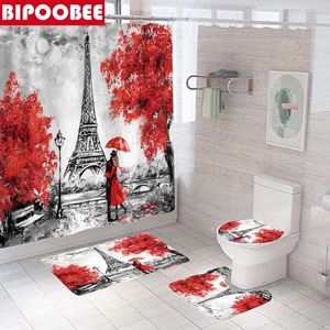 Shower Curtains Eiffel Tower Lover Printed Curtain 3d Paris Scenery Bathroom Set Bath Mat Non Slip Carpet Toilet Cover Floor Rug