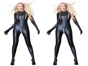 Kvinnor Sexig patentläder Jumpsuit Bondage Zentai Catsuit Wetlook Pu Latex Leotard Zipper Open Crotch Bodysuit Erotic Clubwear5071104