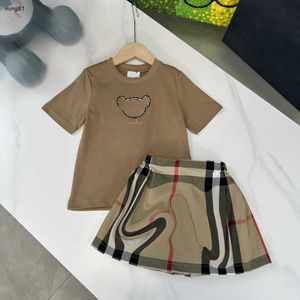 23ss skirt set kids designer clothes kid sets girls Round neck Pure bear logo printing Short sleeve T-shirt lattice Half skirt suit High quality baby clothes