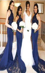 2019 Navy Blue Mermaid Bridesmaid Dresses Halter Neck With Lace Maid of Honor -klänningar Långa formella bröllopsgästklänningar Custom8869314