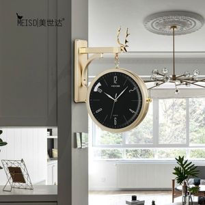Двусторонняя круглая стена станции часы часов с двойными настенными часами винтажные ретро -домашние декор металлический каркас стеклянный циферблат 22489