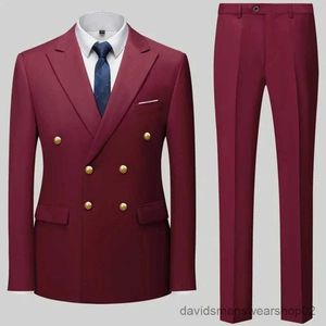 Men's Suits Blazers 2023 Fashion New Mens Casual Boutique Double Breasted Suit Trousers / Mans Business Suit Jacket Blazers Coat Pants 2 Pcs Set