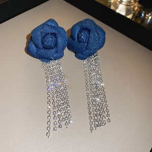 Luxury Rhinestone Tassel Denim Fabric Flower Drop örhängen Halsband för kvinnor avancerade mångsidiga smyckesuppsättningar Tillbehör