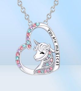 Unicorn Pendant Necklace Söt Lucky Heart Crystal Birthstone Horse Halsband Du är magiska smycken Födelsedagspresent Girls58589869139161