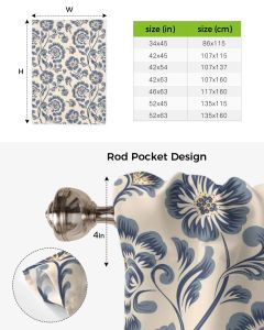 Floral Blue Retro Flower Curtain for Living Room Kitchen Tie-up Short Curtains Adjustable Rod Pocket Drapes