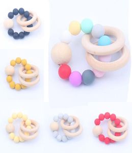 Baby Natural Wooden Teethers Toys Silicone Teether Rattle Baby Heath Accessories Spädbarn Fingrar tränar Färgglada tandring Ring PL2878599