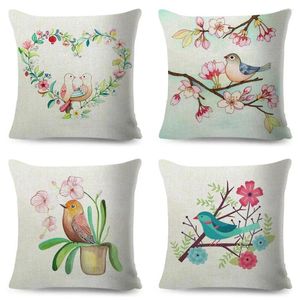Kudde Cartoon Parrot Animal Case Decor Birds and Flower Cover för soffa Hembarn Rum Polyester Pillow Case 45x45cm