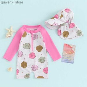 One-Pieces 0-3T Baby Girl Swimsuits Summer Shell Print Long Sleeves Swimwear and Sun Hat Set for Toddler Bathing Suits Beachwear Y240412