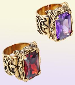 Square White Green Purple Red Stone Mens Ring Punk Vintage Gold Titanium rostfritt stål Dragon Claws Cubic Zirconia Ring for Men 9437129