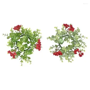 Decorative Flowers 2Pcs Christmas Candle Ring Artificial Berry Rings Eucalyptus Leaves Mini Wreath For Pillar