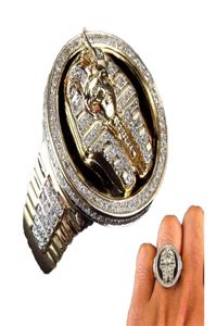 Cool Male 18K Gold Dwucie, Czarny Enami Diamentowy pierścionek Egipski Król Tutanchhamun Pierścień Mężczyzn Wedding Party Biżuteria Rozmiar 7139734627