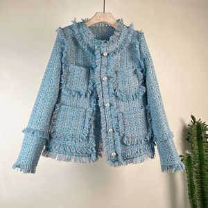 Womens 2024 Spring and Autumn French New Round Neck Thick Tweed Tassel Versatile Celebrity Little Foft Coat for Women 201017