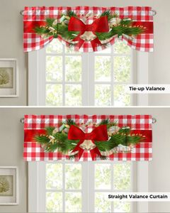 Christmas Red Plaid Bow Window Curtain Living Room Kitchen Cabinet Tie-up Valance Curtain Rod Pocket Valance