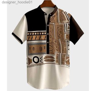 Koszulki męskie vintage vintage Henley Mens T-shirt 3D w stylu plemiennym Ubranie Ultra-Fine krótkie rękawowe Summer Ethnic Street Clothing C240412