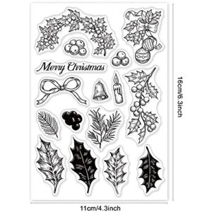 Merry Christmas Themed Clear Stamps, Holly Leaf/Pine Needle/Candle/Bell/Bow Pattern Clear Rubber Stamps for Card Photo Album