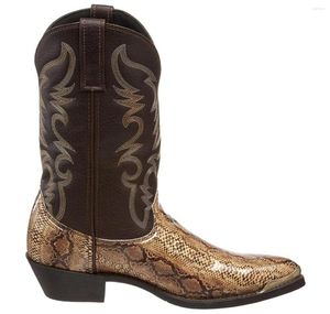 Boots Retro Men Women Golden Head Snake Skin Faux Leather Winter Shoes Embroidered Western Cowboy Unisex Footwear Big Size1252226