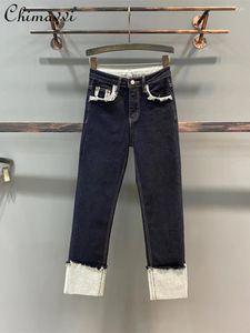 Kvinnors jeans 2024 Vintermode fleece fodrad slipad retro rak kontrast färg stretch smal flänsande cigarettbyxor