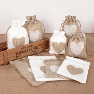 Gift Wrap 10pcs Heart Shape Jute Burlap Bags With Drawstring Jewelry Small Pouches Christmas Wedding Packaging Pocket Xmas Tree Decor