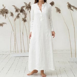 Kvinnor kaftan bomull vit klänning långärmad vanlig casaul överdimensionerad maxi skjorta klänningar koreanska stil kläder elegant 240412